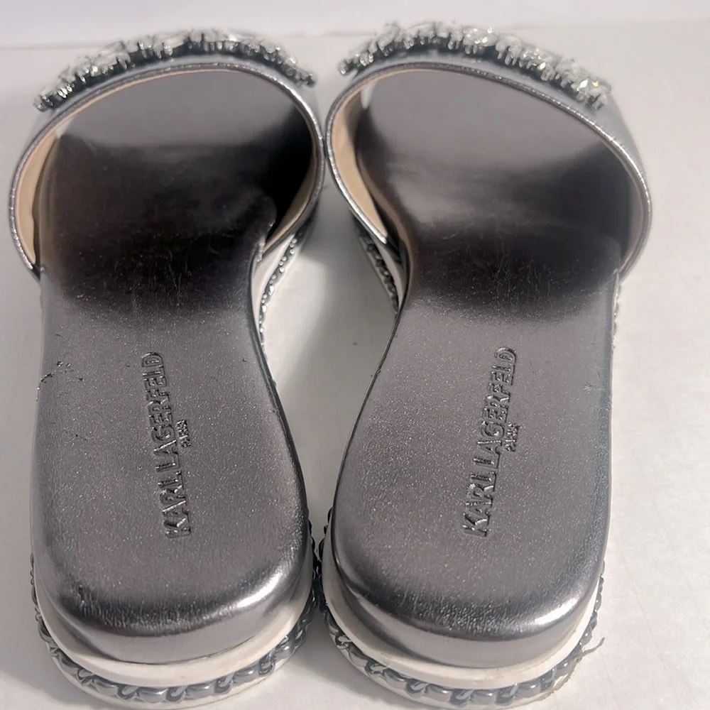 KARL LAGERFELD Women's Silver Metallic Bijou Rhinestone Slide Sandals SZ 8.5 - Picture 3 of 6